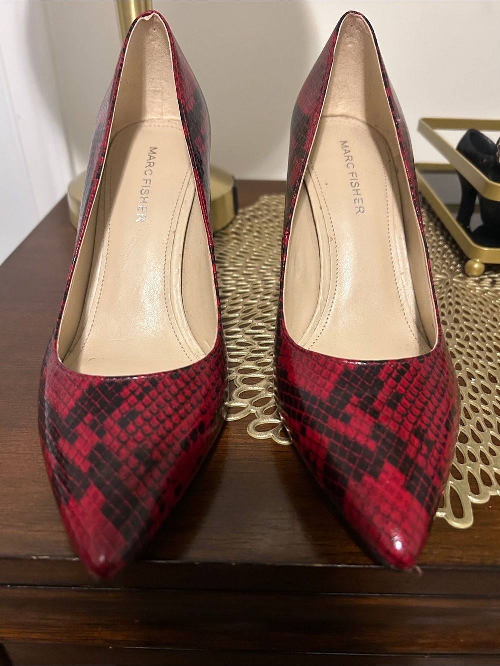 Marc Fisher Red and Black Snake-Print Block Heel Pumps - Picture 2 of 5